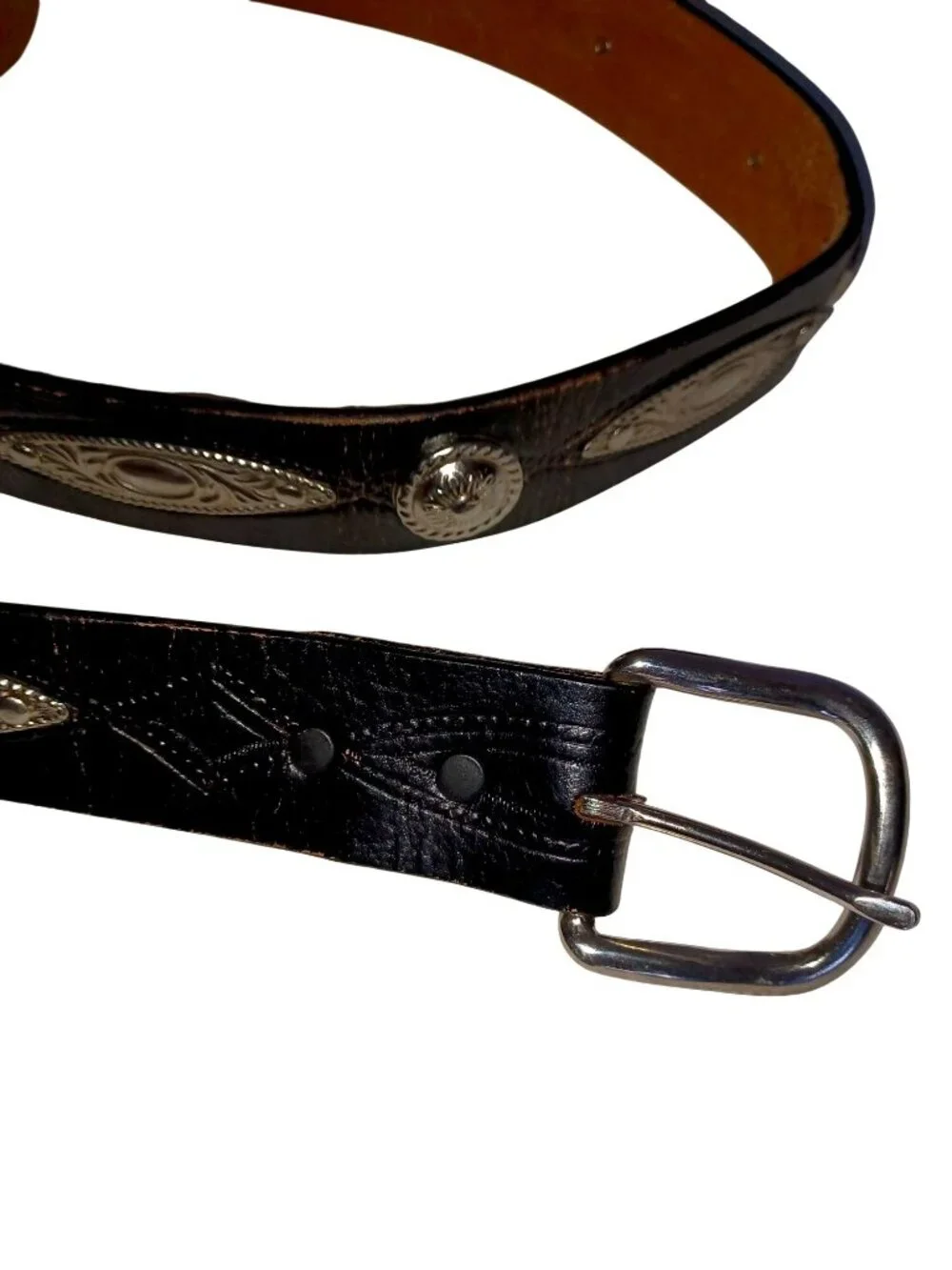 Western Concho Belt Black Leather Silver Buckle Cowboy Rockabilly Mens 40/42
